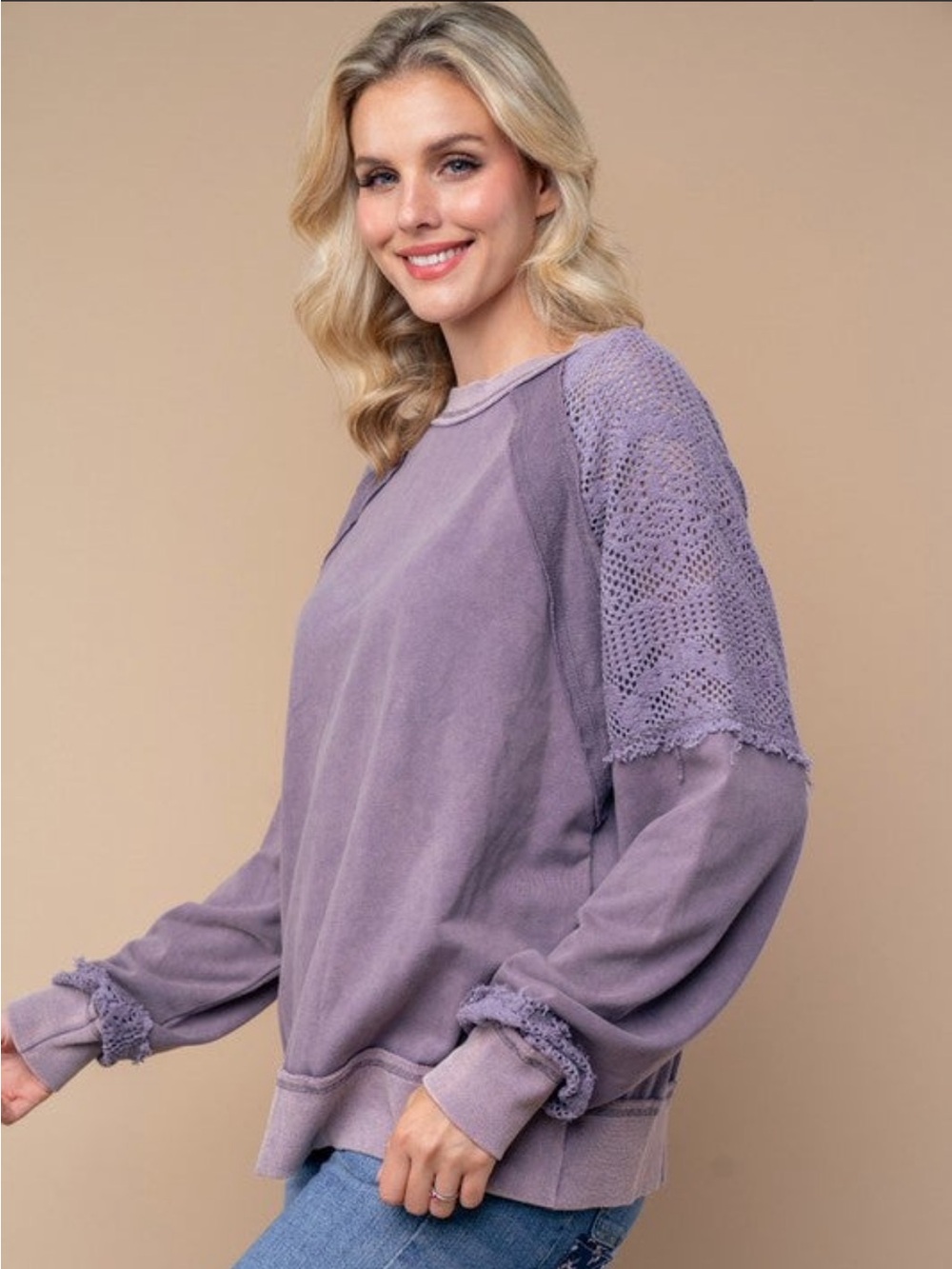 WHITE BIRCH Long Sleeve Crochet & Knit Top DUSTY LILAC LARGE